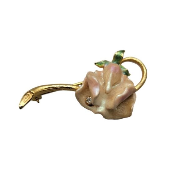 Joan Rivers 1980s Soft Pink Enamel Flower Brooch Swarovski Crystal Accent VTG - Picture 9 of 13